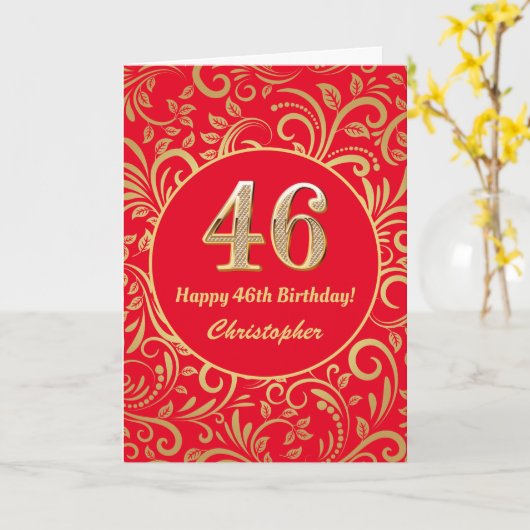 46e Birthday Red en Gold Floral Pattern Kaart (Gele Bloem)