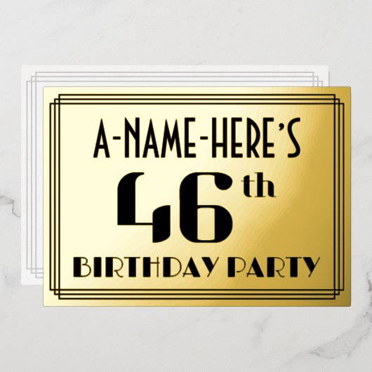 46e verjaardag: Art Deco Kijk "46" en naam Folie Uitnodiging (Voorkant / Achterkant)