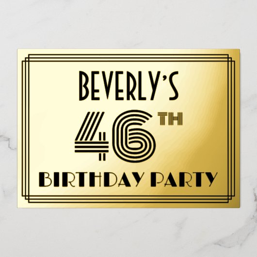 46e verjaardag — Art Deco Style "46" en naam Folie Uitnodiging (Voorkant)