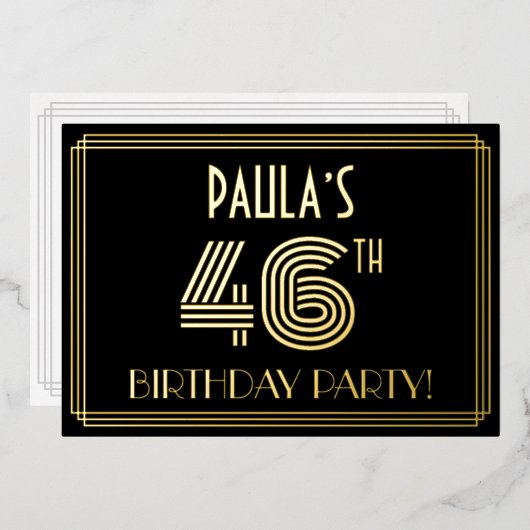46e verjaardag — Art Deco Style "46" + Naam Folie Uitnodiging (Voorkant / Achterkant)