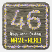 46e verjaardag: Bloemennummer, Faux Wood Look, Naa Vierkante Sticker (Voorkant)