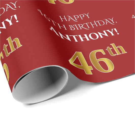 46e verjaardag: Elegant, Rood, Faux Gold Look Cadeaupapier (Rol Hoek)