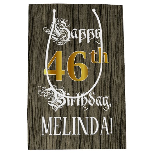 46e verjaardag: Faux Gold look & Faux Wood Pattern Medium Cadeauzakje (Voorkant)