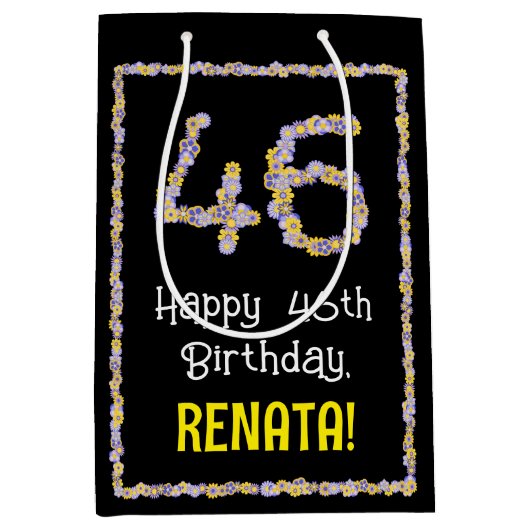 46e verjaardag: Floral Flowers Number, Custom Name Medium Cadeauzakje (Voorkant)