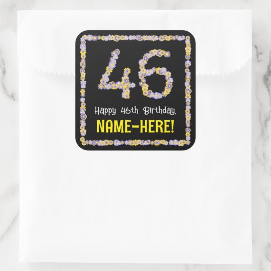 46e verjaardag: Floral Flowers Number, Custom Name Vierkante Sticker (Tas)