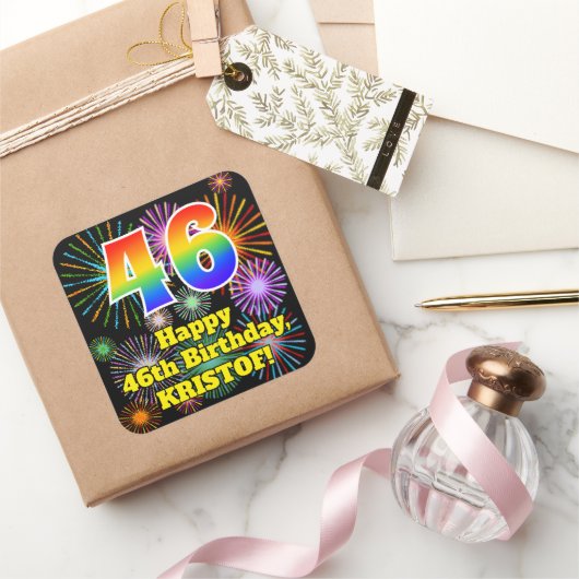 46e verjaardag: Fun Fireworks Kijk, regenboog # 46 Vierkante Sticker (Geschenken)