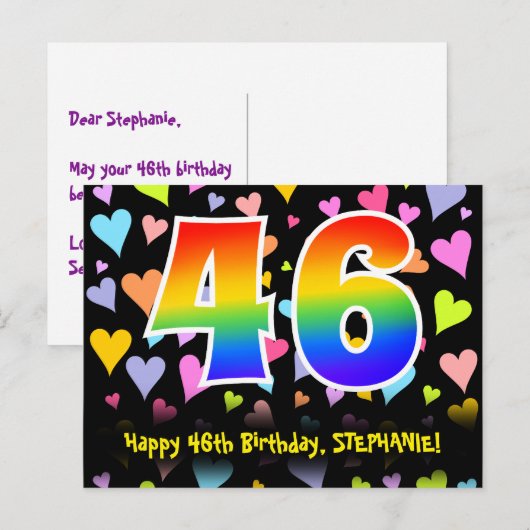 46e verjaardag: Fun Hearts-patroon, Regenboog 46 Briefkaart (Voorkant / Achterkant)