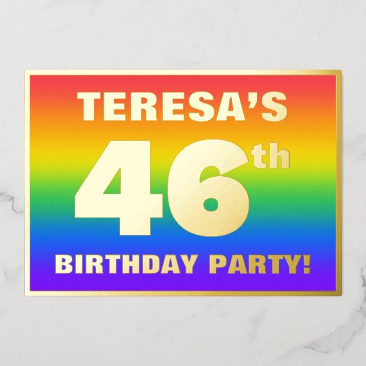 46e verjaardag: Fun, kleurrijk regenboogpatroon Folie Uitnodiging (Voorkant)