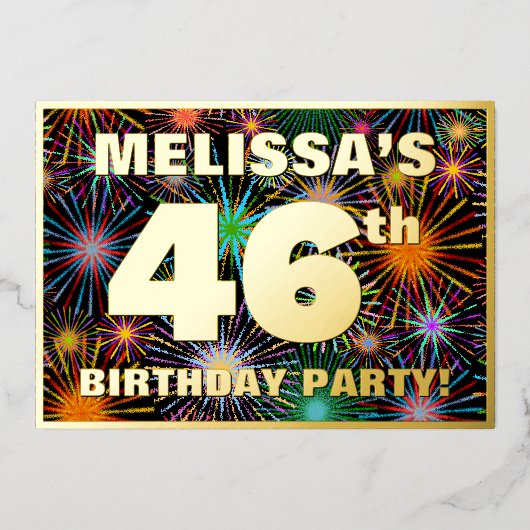 46e verjaardag — Fun, kleurrijke Fireworks look Folie Uitnodiging (Voorkant)