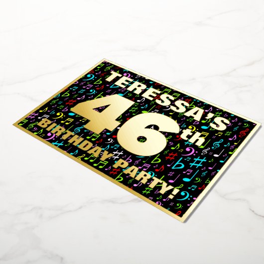 46e verjaardag — Fun, kleurrijke muzieksymbolen Folie Uitnodiging (Gedraaid)