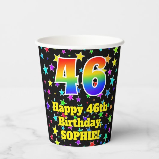 46e verjaardag: Fun Stars Pattern en Rainbow 46 Papieren Bekers (Achterkant)