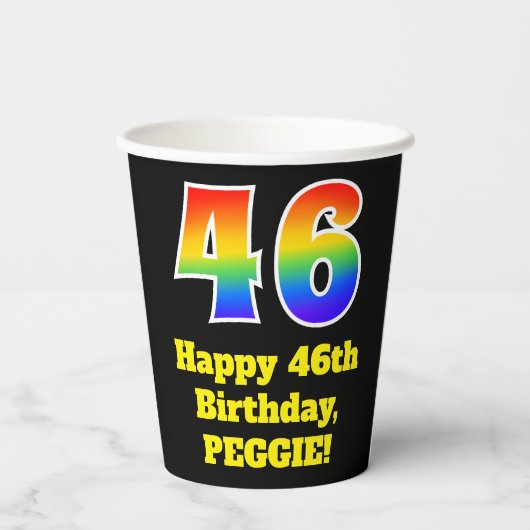 46e verjaardag: Kleurrijk, Leuk, Opwindend, Regenb Papieren Bekers (Achterkant)