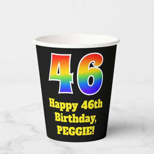 46e verjaardag: Kleurrijk, Leuk, Opwindend, Regenb Papieren Bekers (Voorkant)