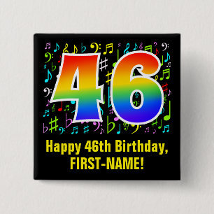 46e verjaardag: kleurrijke muzieksymbolen, regenbo vierkante button 5,1 cm