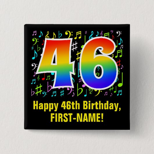 46e verjaardag: kleurrijke muzieksymbolen, regenbo vierkante button 5,1 cm (Voorkant)