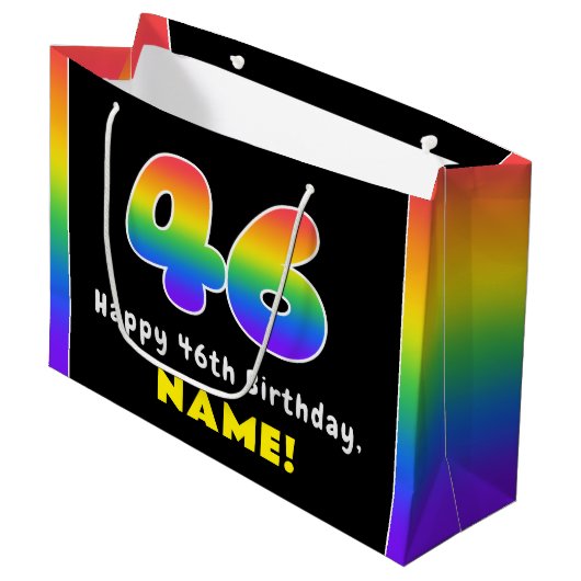 46e verjaardag: kleurrijke regenboog # 46, Naam va Groot Cadeauzakje (Voorkant Gekanteld)