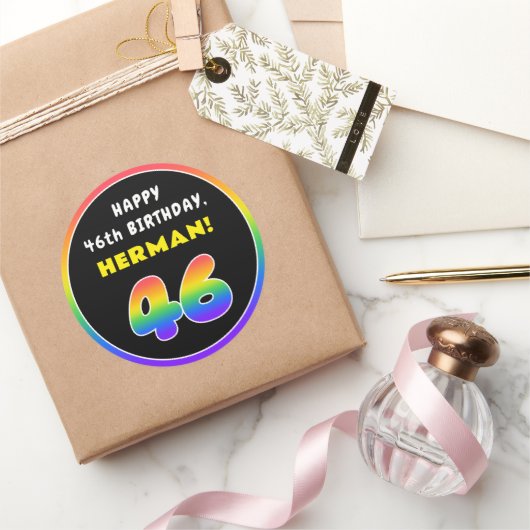 46e verjaardag: kleurrijke regenboog # 46, Naam va Ronde Sticker (Geschenken)