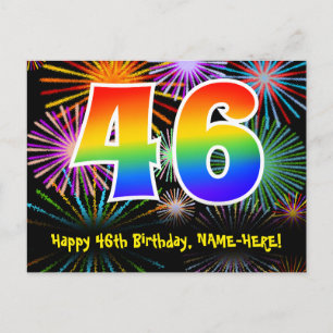 46e verjaardag – leuk vuurwerkpatroon + regenboog  briefkaart