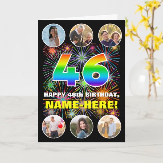 46e Verjaardag: Leuke Regenboog #, Aangepaste Naam Kaart (Gele Bloem)