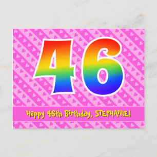 46e verjaardag: Pink Stripes & Hearts, Rainbow 46 Briefkaart