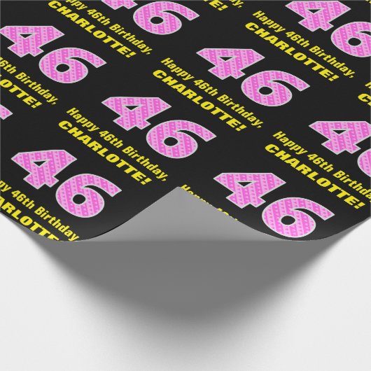 46e verjaardag: Roze strepen en hart "46" + naam Cadeaupapier (Hoek)