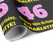 46e verjaardag: Roze strepen en hart "46" + naam Cadeaupapier (Rol Hoek)