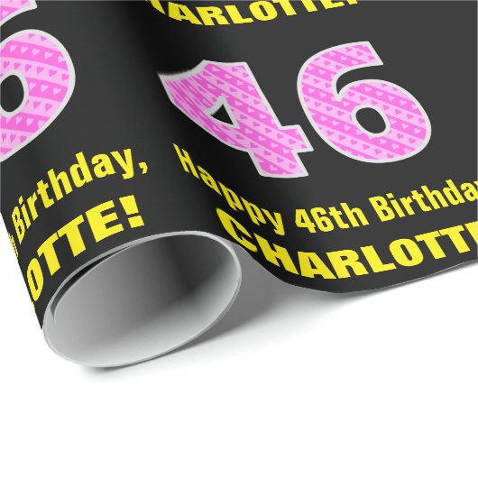 46e verjaardag: Roze strepen en hart "46" + naam Cadeaupapier (Rol Hoek)