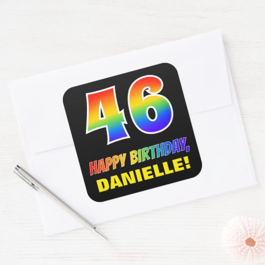 46e verjaardag: Vet, Vun, eenvoudig, regenboog 46 Vierkante Sticker (Envelop)