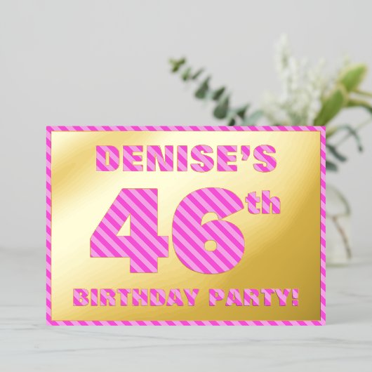 46e verjaardag — Vet, vun, roze band # 46 Folie Uitnodiging (Staand Voorkant)
