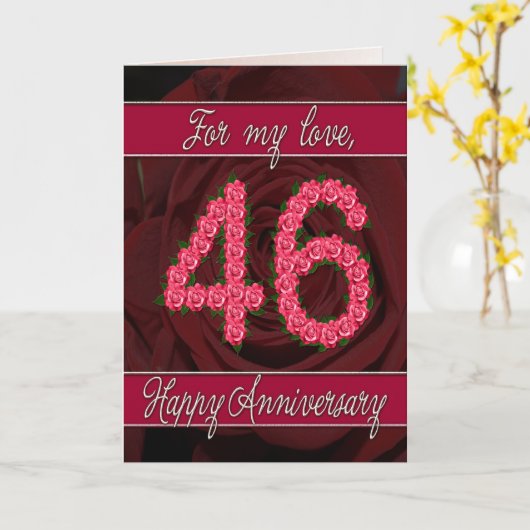 46e verjaardagskaart met rozen en bladeren kaart (Gele Bloem)