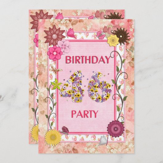 46ste verjaardagsfeestje met bloemenfeest lijst kaart (Voorkant / Achterkant)