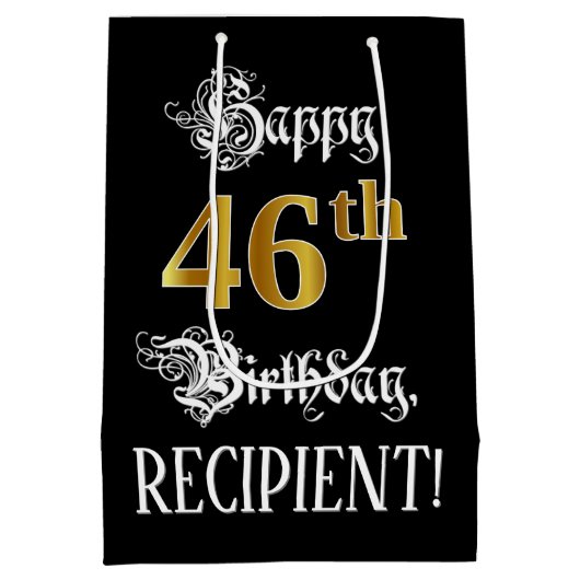 46th Birthday ~ Fancy Script; Faux Gold Look; Name Medium Cadeauzakje (Achterkant)