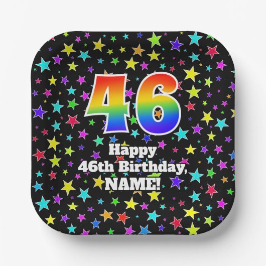 46th Birthday: Fun Stars Pattern and Rainbow “46” Papieren Bordje (Voorkant)
