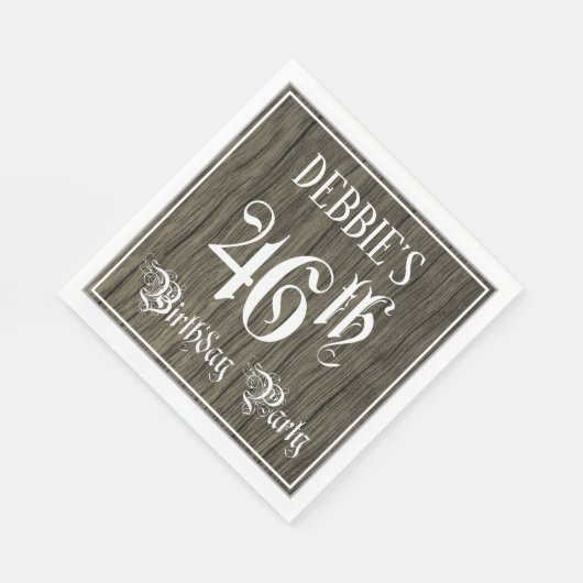 46th Birthday Party — Fancy script, Faux Wood Kijk Servet (Hoek)