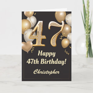 47e Birthday Black en Gold Balloons Confetti Kaart