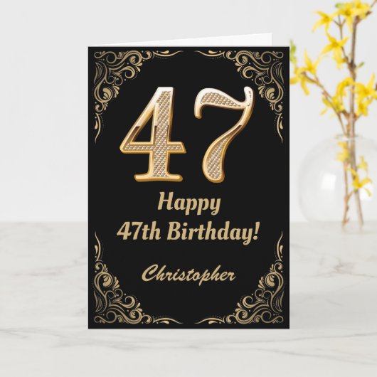 47e Birthday Black en Gold Glitter Lijst Kaart (Gele Bloem)