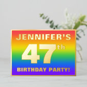 47e Birthday Party: Fun, kleurrijk regenboogpatroo Folie Uitnodiging (Staand Voorkant)