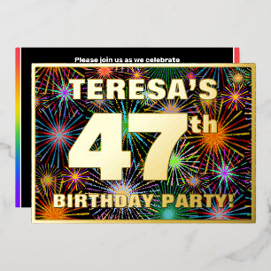 47e Birthday Party - Fun, kleurrijke Fireworks loo Folie Uitnodiging