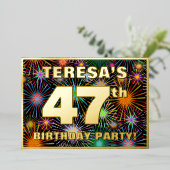 47e Birthday Party - Fun, kleurrijke Fireworks loo Folie Uitnodiging (Staand Voorkant)