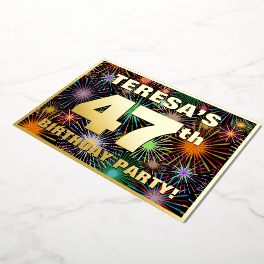 47e Birthday Party - Fun, kleurrijke Fireworks loo Folie Uitnodiging (Gedraaid)