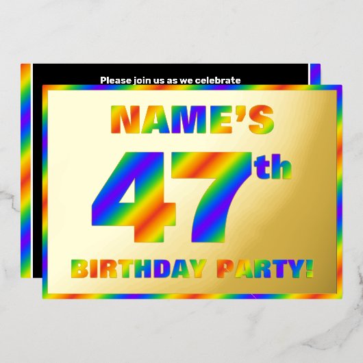 47e Birthday Party — Fun, regenboogspectrum "47" Folie Uitnodiging (Voorkant / Achterkant)