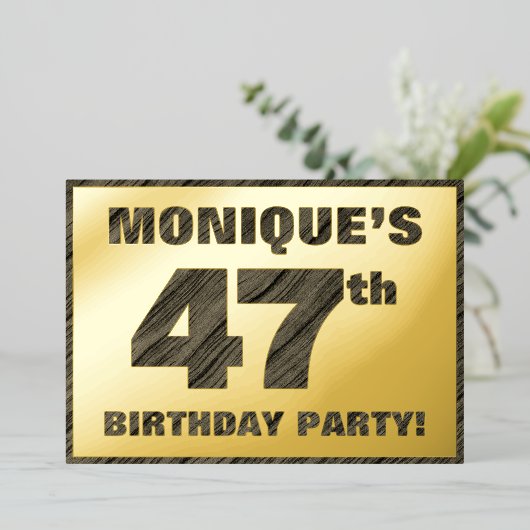 47e Birthday Party — Vette, Faux Hood Grain Text Folie Uitnodiging (Staand Voorkant)