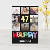 47e Gelukkige Verjaardag Fotocollage Modern Zwart Kaart (Gele Bloem)