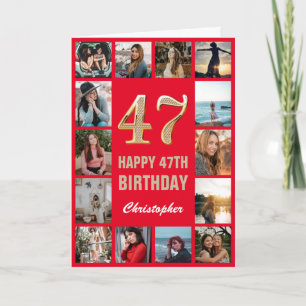 47e Happy Birthday Red en Gold Photo Collage Kaart