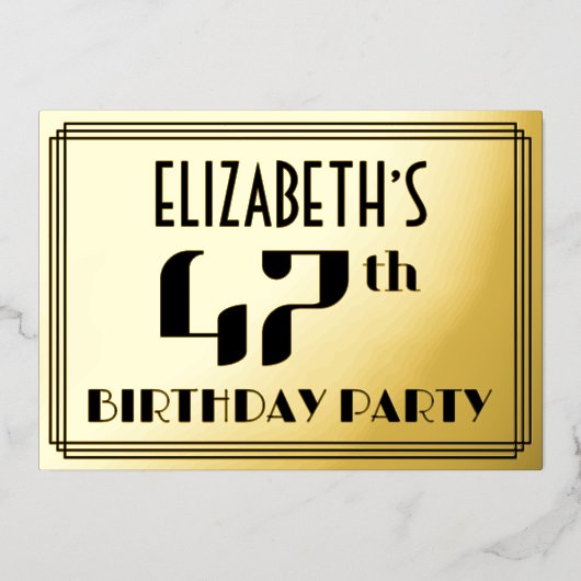 47e verjaardag: Art Deco Kijk "47" en naam Folie Uitnodiging (Voorkant)