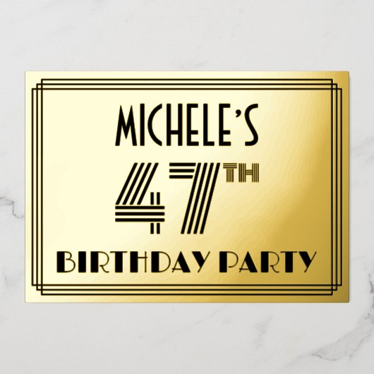 47e verjaardag — Art Deco Style "47" en naam Folie Uitnodiging (Voorkant)