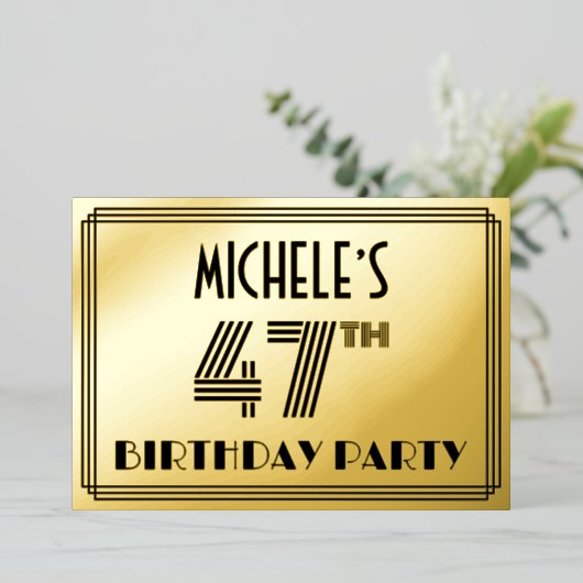 47e verjaardag — Art Deco Style "47" en naam Folie Uitnodiging (Staand Voorkant)