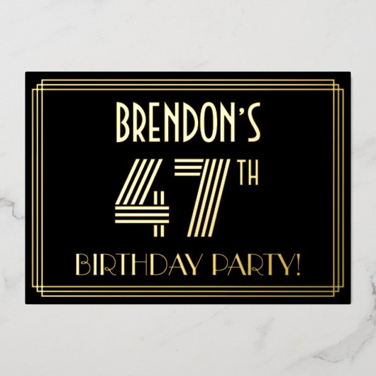 47e verjaardag — Art Deco Style "47" + Naam Folie Uitnodiging (Voorkant)