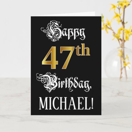 47e verjaardag — Fancy script; Faux Gold Kijk; naa Kaart (Gele Bloem)