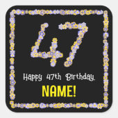 47e verjaardag: Floral Flowers Number, Custom Name Vierkante Sticker (Voorkant)